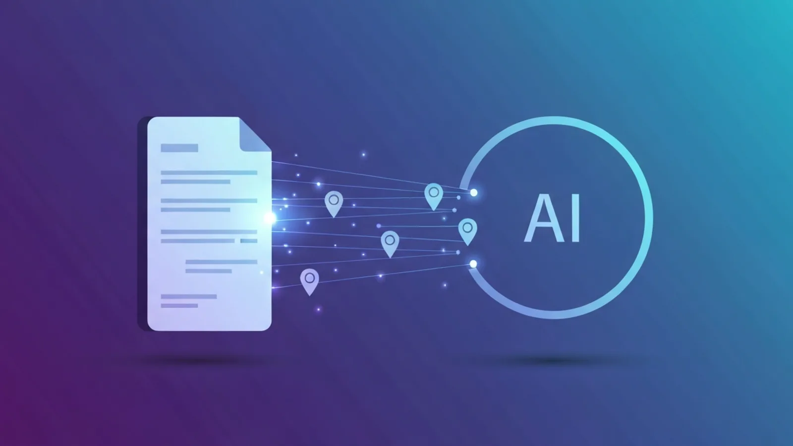 A written document emitting streams of light that flow into an AI answer panel, with citation markers along the path, representing LinkedIn content being cited as a source in AI search results