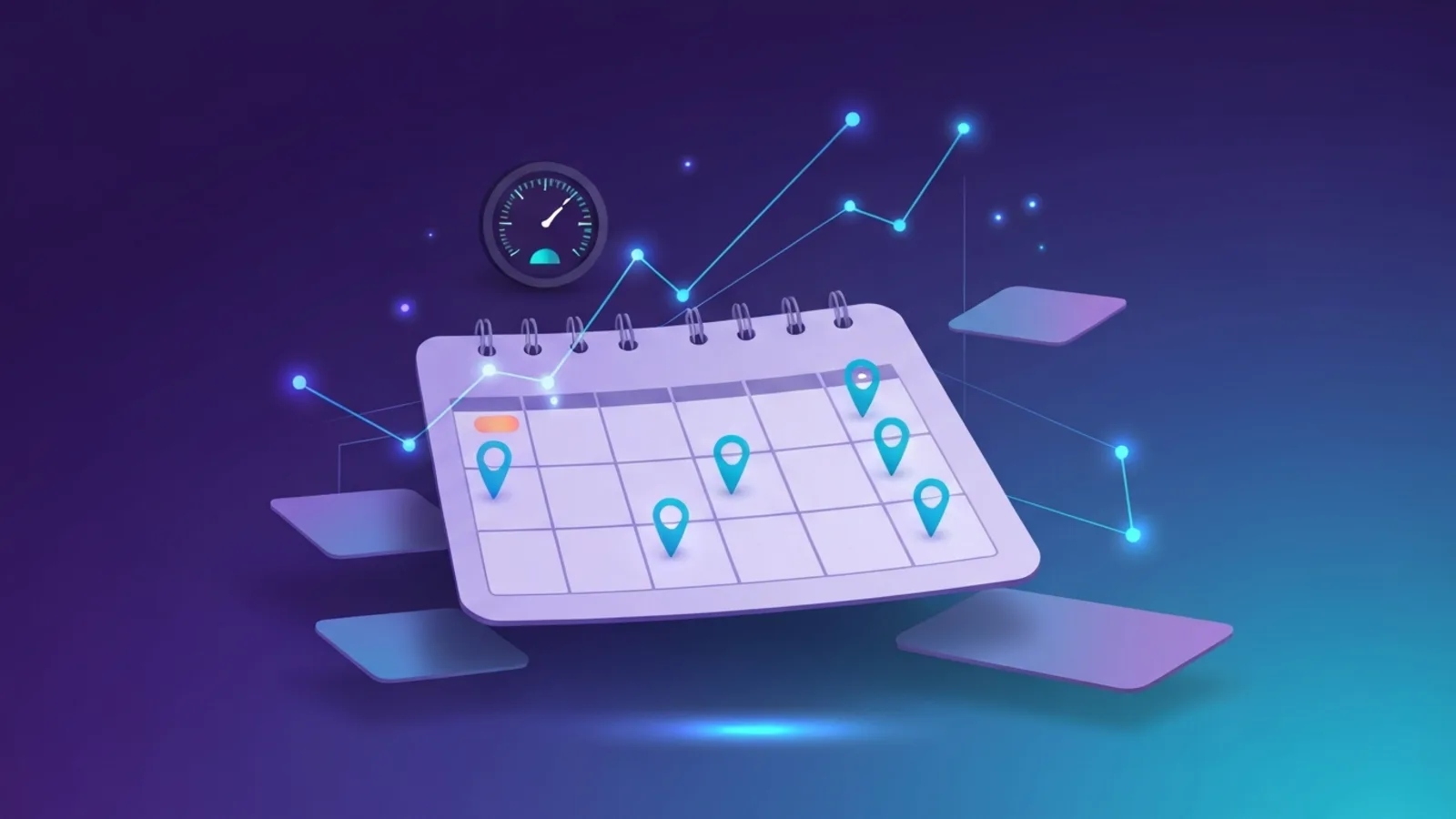A weekly calendar grid with glowing markers on several days, a rising engagement line chart above it and a gauge dial alongside, representing LinkedIn posting frequency and its measured effect on reach